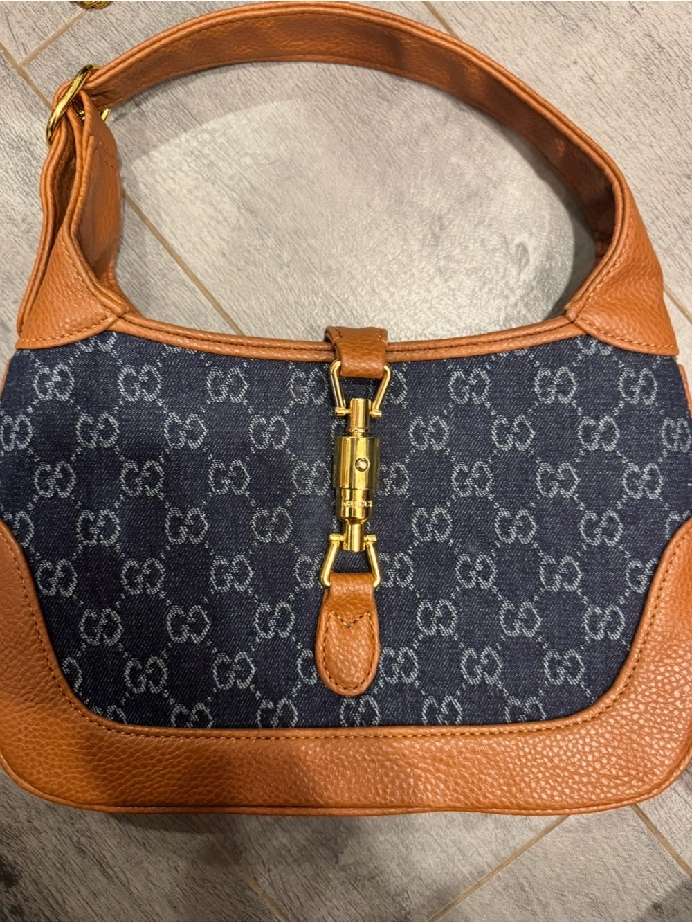 GG Jackie style Monogram Shoulder Bag denim with Brown Trim